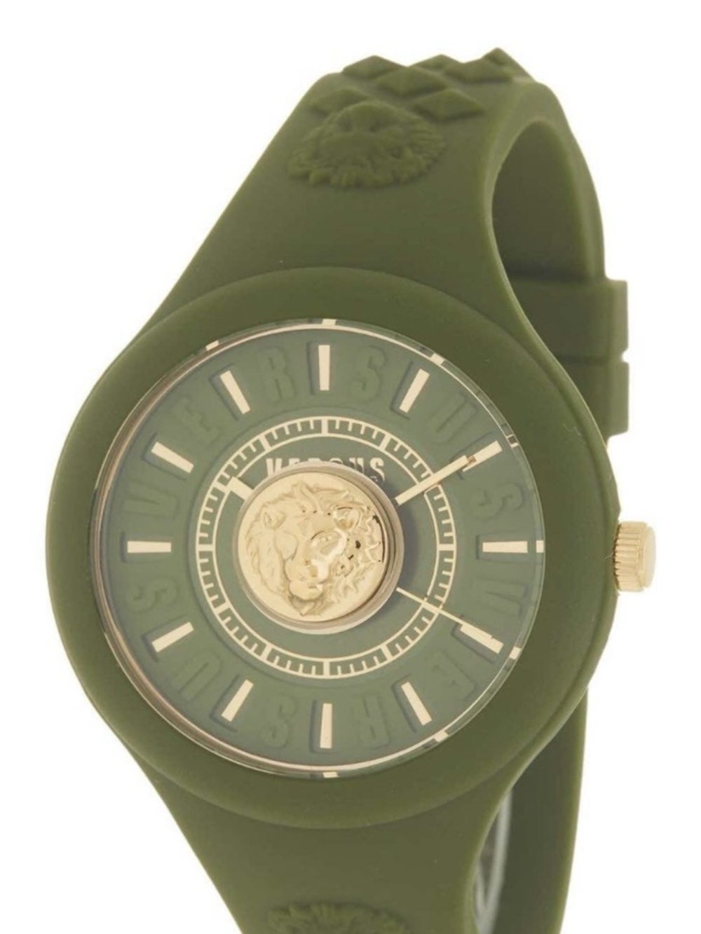 Versus Versace Olive Green Silicone Watch with Gold Lion Emblem